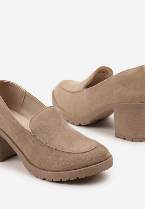 Ciemnobeżowe Półbuty w Stylu Mokasynów na Słupku i Niskiej Platformie Aridfana