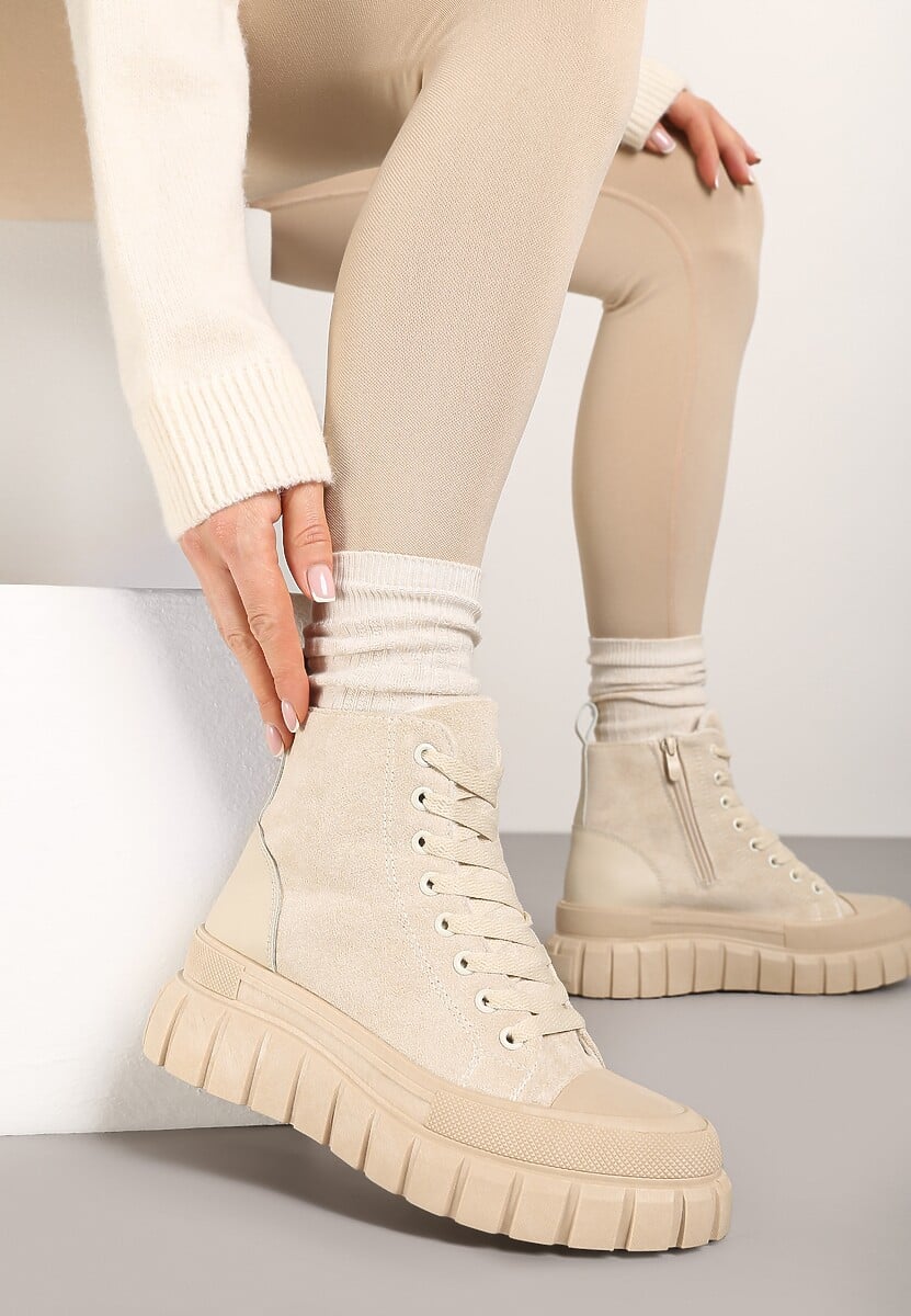 Beżowe Botki za Kostkę na Platformie Viuana