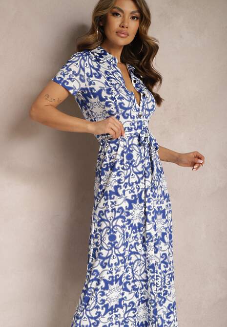 Biało-Granatowa Midi Sukienka Koszulowa z Ornamentalnym Printem Wiązana w Talii Beala