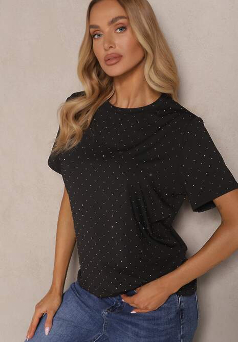 Czarny T-shirt z Wiskozą Ozdobiony Cyrkoniami Sanelisea