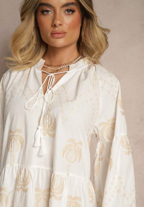 Biała Sukienka z Bawełny Ozdobiona Wiązaniem i Wzorem w Palmy Evialissae