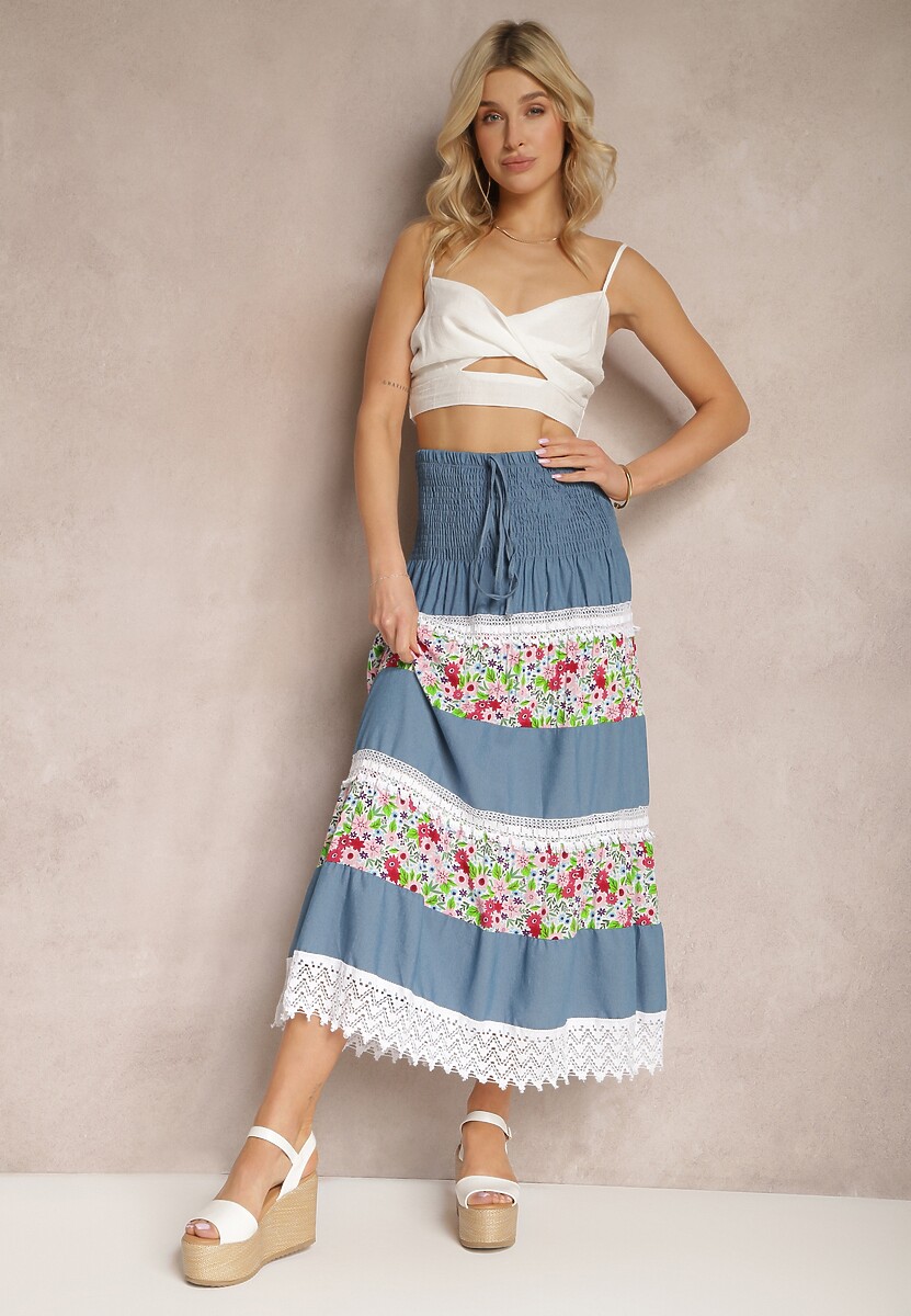 Granatowo-Biała Bawełniana Spódnica High Waist z Gumką w Talii i Ozdobną Koronką Tesaquin