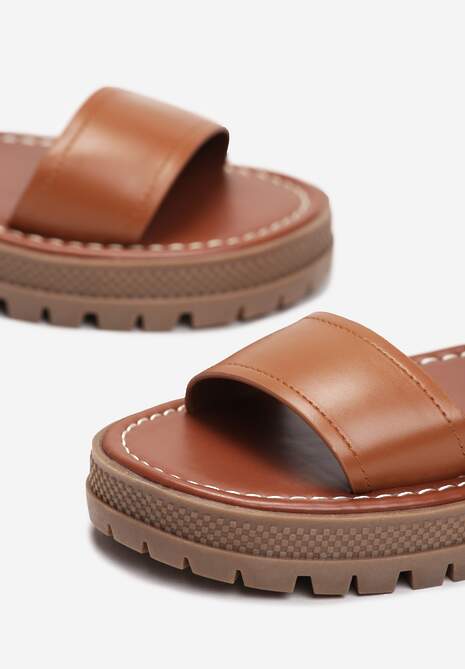 Brązowe Sandały na Płaskiej Podeszwie z Przeszyciami i Sprzączką Simisola