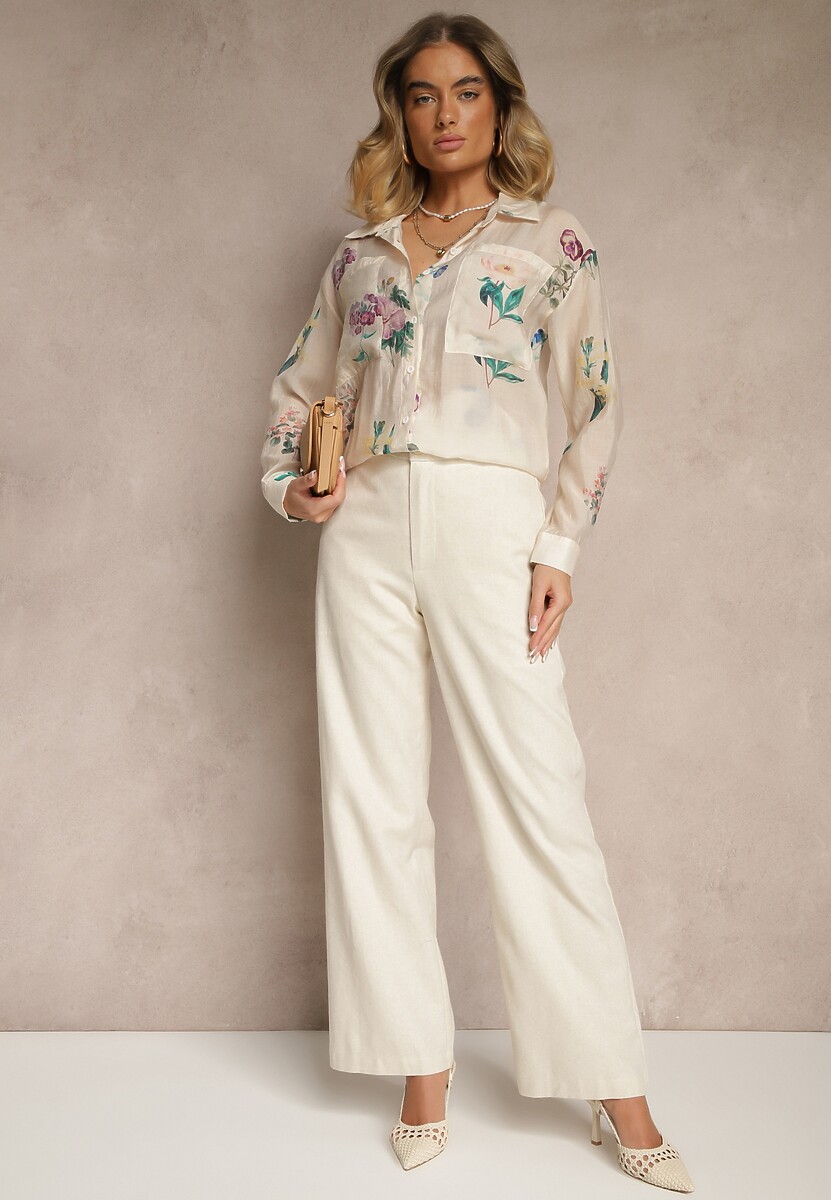 Beżowa Koszula w Kwiaty z Dodatkiem Wiskozy z Kieszonkami Polliliana