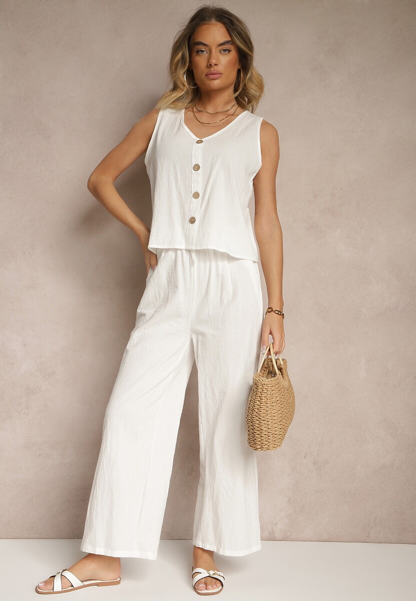 Biały Komplet z Bawełny Bluzka z Guzikami Szerokie Spodnie z Gumką w Talii Floricella