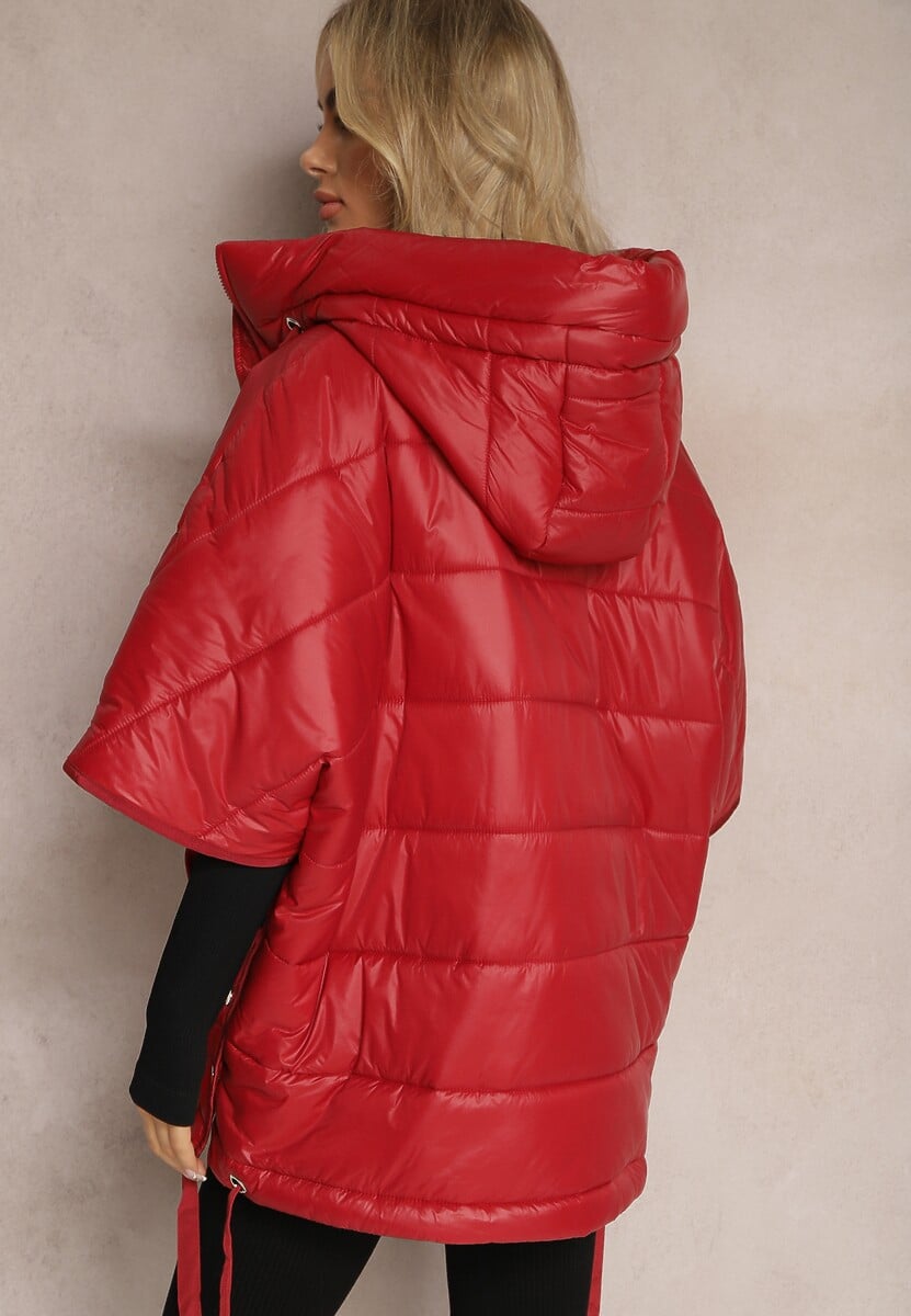 Bordowa Pikowana Kurtka z Rękawem 3/4 oraz Kapturem Wkładana przez Głowę Arisoltta