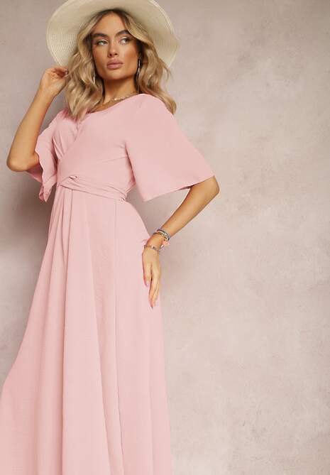 Jasnoróżowa Rozkloszowana Sukienka Maxi z Szerokim Rękawem i Gumką w Pasie Sador