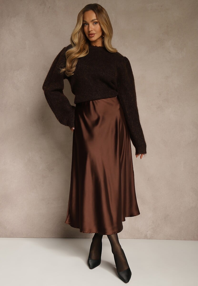 Brązowa Satynowa Midi Spódnica Rozkloszowana z Gumką w Pasie i Suwakiem Leose
