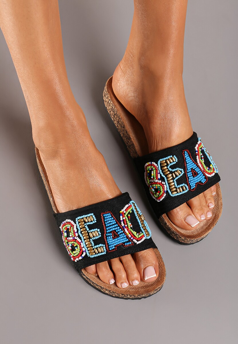 Niebieskie Klapki na Płaskiej Korkowej Podeszwie z Ozdobnym Napisem Cedemia