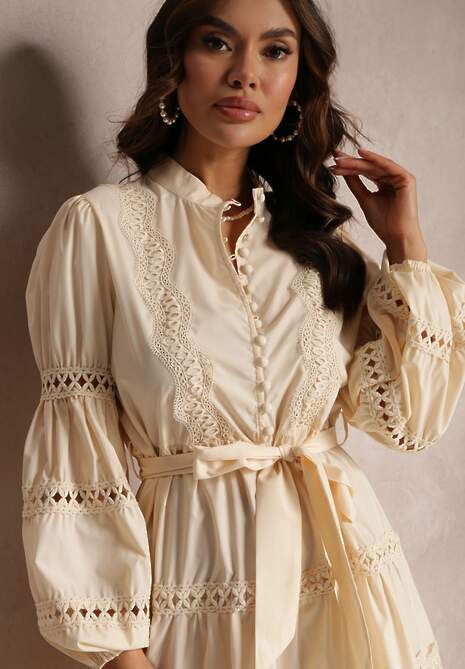 Beżowa Sukienka Midi z Guzikami i Koronkami Feralo