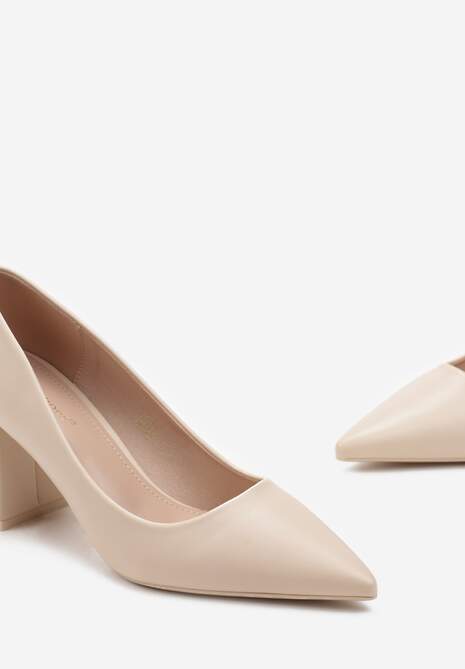 Beżowe Czółenka z Ekoskóry na Geometrycznym Słupku Nerolia