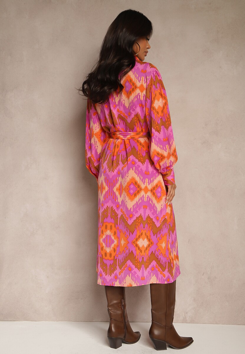 Fuksjowa Sukienka Midi o Koszulowym Fasonie Ozdobionym Wzorem w Stylu Etno Thailven