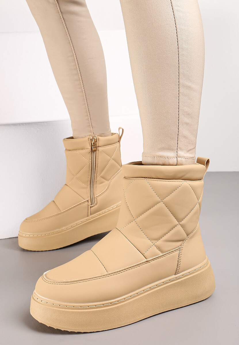 Ciemnobeżowe Śniegowce na Platformie z Pikowaną Cholewką Tysinne