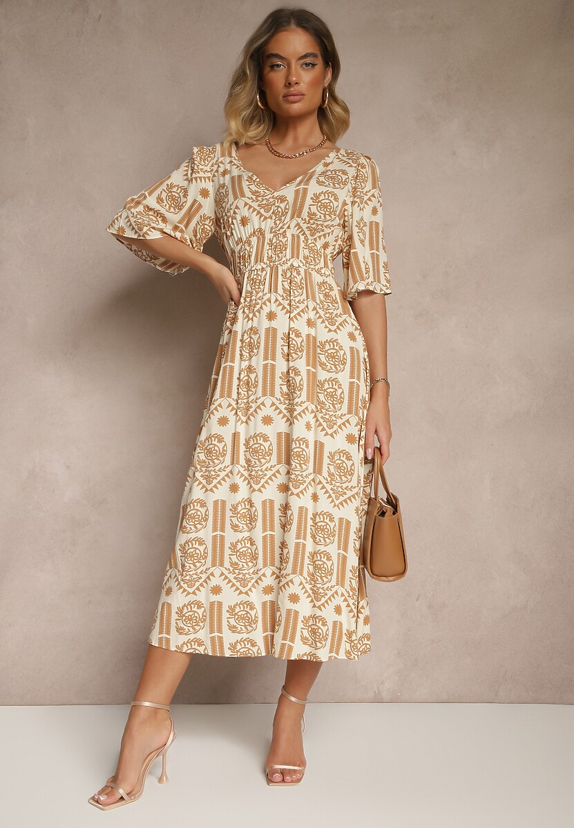 Ciemnobeżowa Sukienka Boho Rozkloszowana z Wiskozy z Odkrytymi Plecami Tuvria