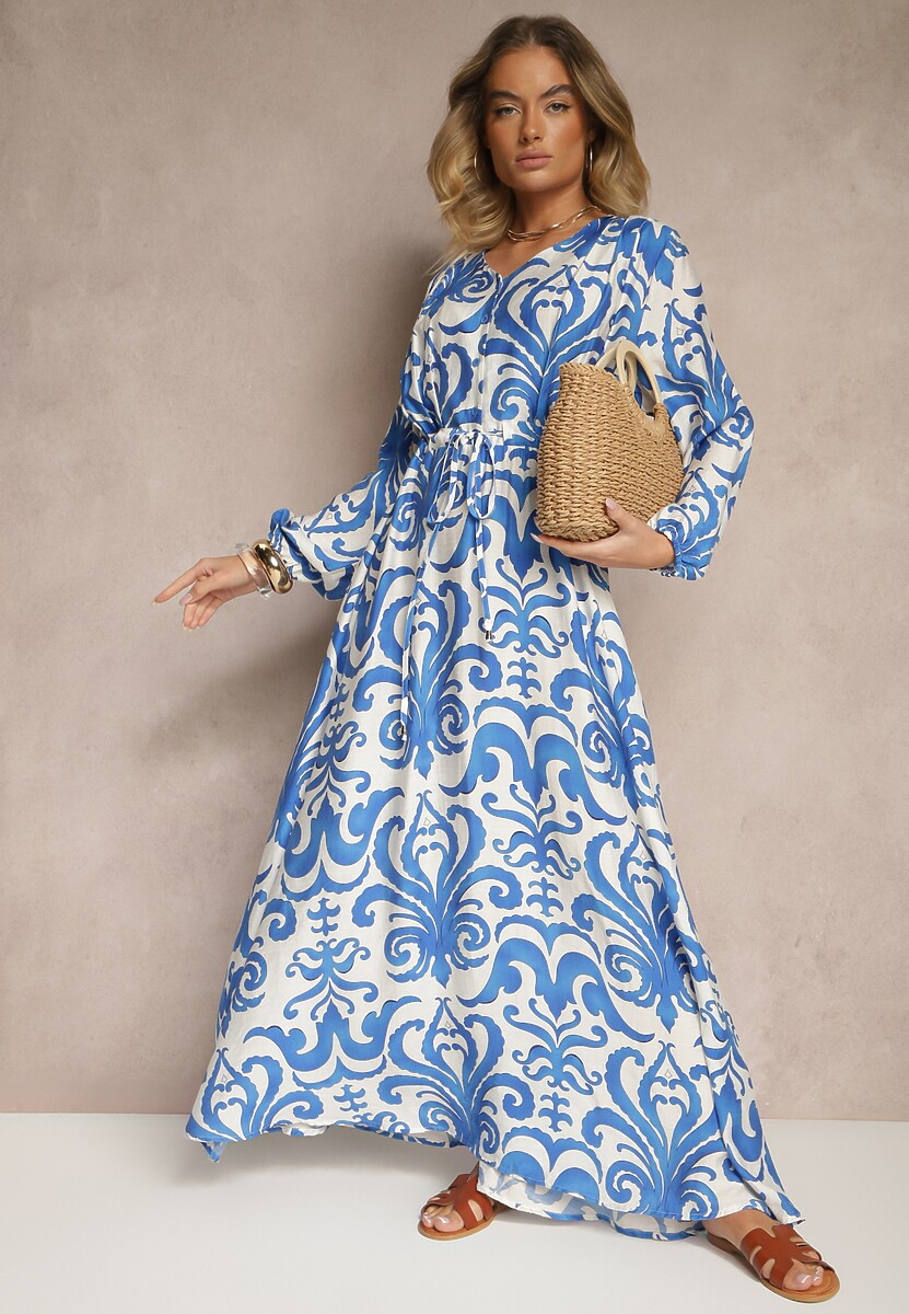 Niebieska Sukienka z Wiskozą o Rozkloszowanym Kroju w Abstrakcyjny Print Ridirinda