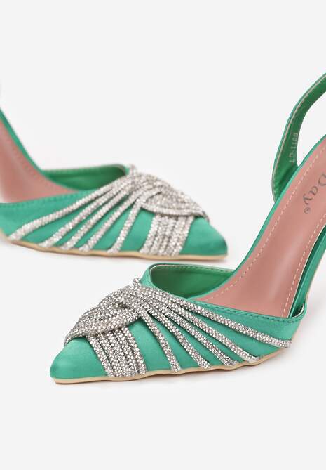 Zielone Sandały Satynowe na Szpilce z Cyrkoniami Capho