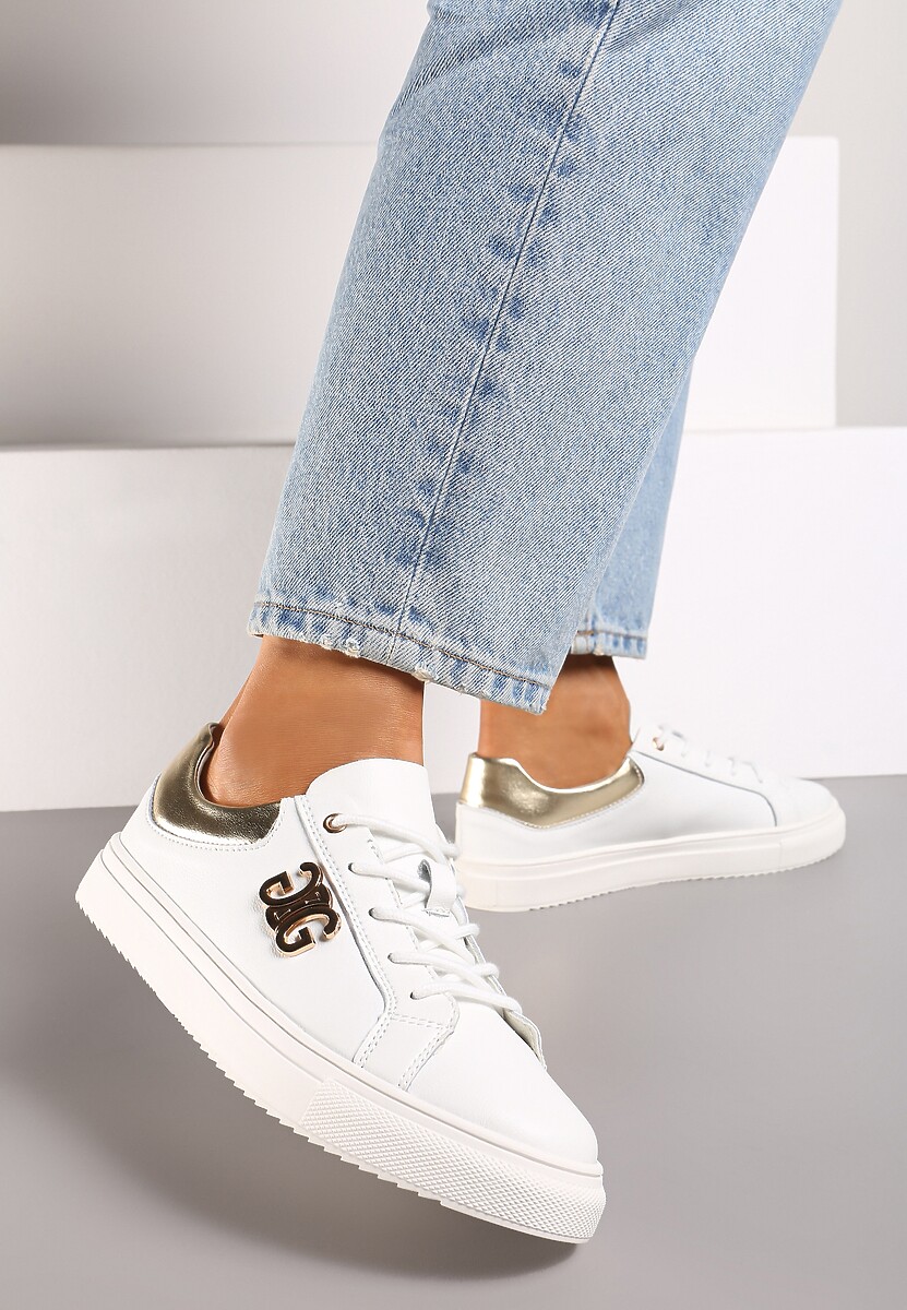 Biało-Złote Sneakersy na Płaskiej Podeszwie ze Skóry Naturalnej z Aplikacją 3D Milisea