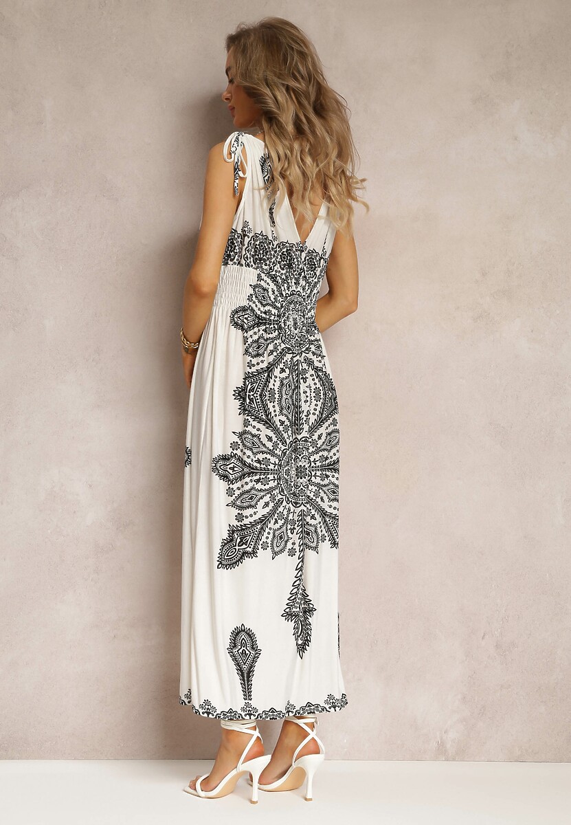 Biała Długa Sukienka z Wzorem Boho Sznurkami na Ramionach i Gumką w Pasie Hideni