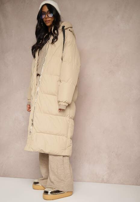 Beżowa Długa Kurtka Pikowana z Kapturem Serea
