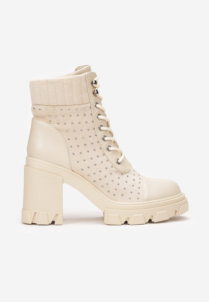 Beżowe Botki Sznurowane na Słupku Hiesore