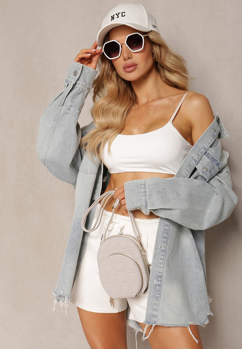 Szara Dwukomorowa Torebka Mała z Ozdobnym Pikowaniem Na Ramię Fujina