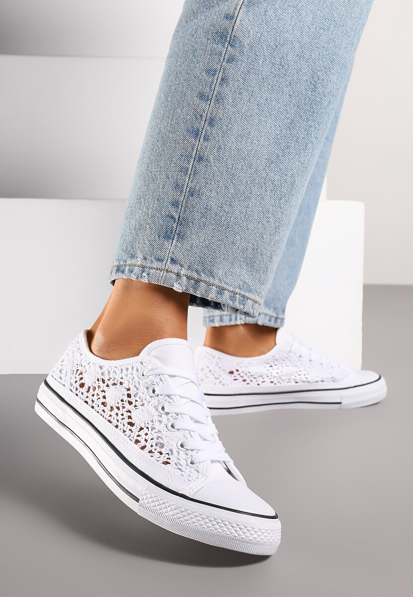 Biało-Czarne Ażurowe Trampki pod Kostkę ze Sznurowaniami Zelimia