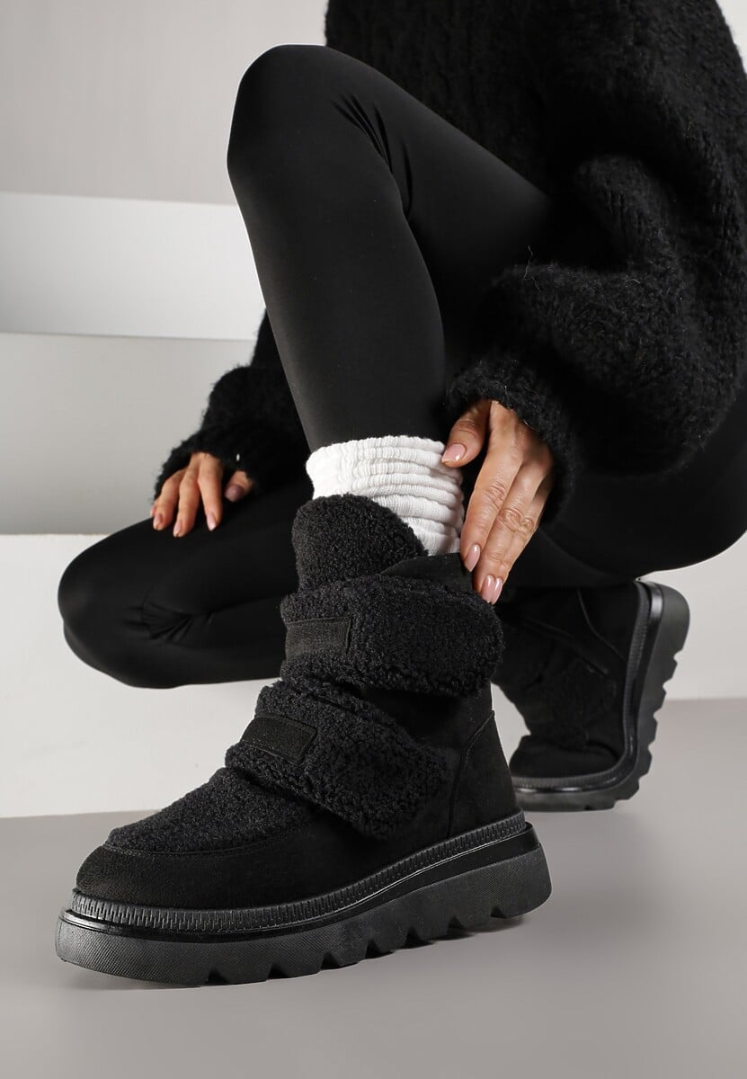 Brązowe Botki Typu Śniegowce na Platformie z Dwoma Ozdobnymi Rzepami Edarlia