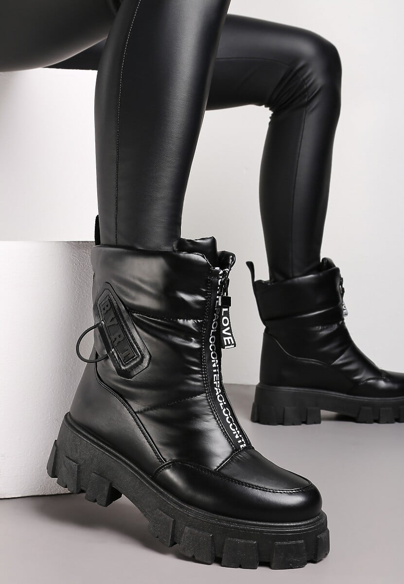 Beżowe Śniegowce z Ekoskóry z Ozdobnym Suwakiem i Napisem Veneria