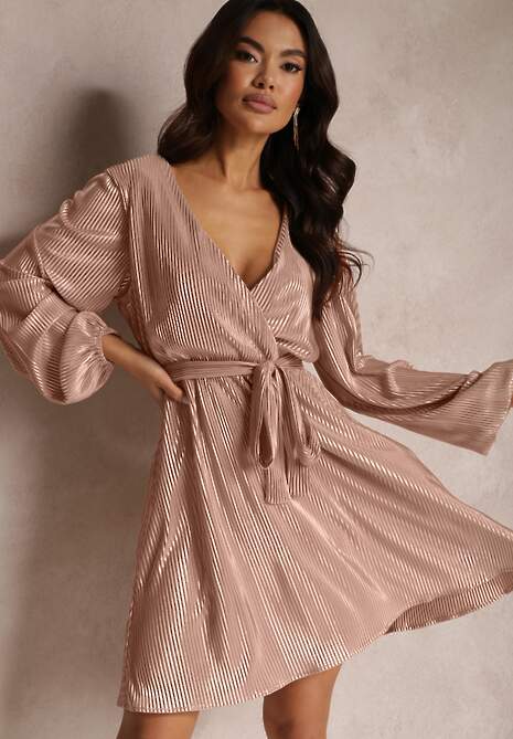 Beżowo-Złota Błyszcząca Sukienka Kopertowa Jarnei