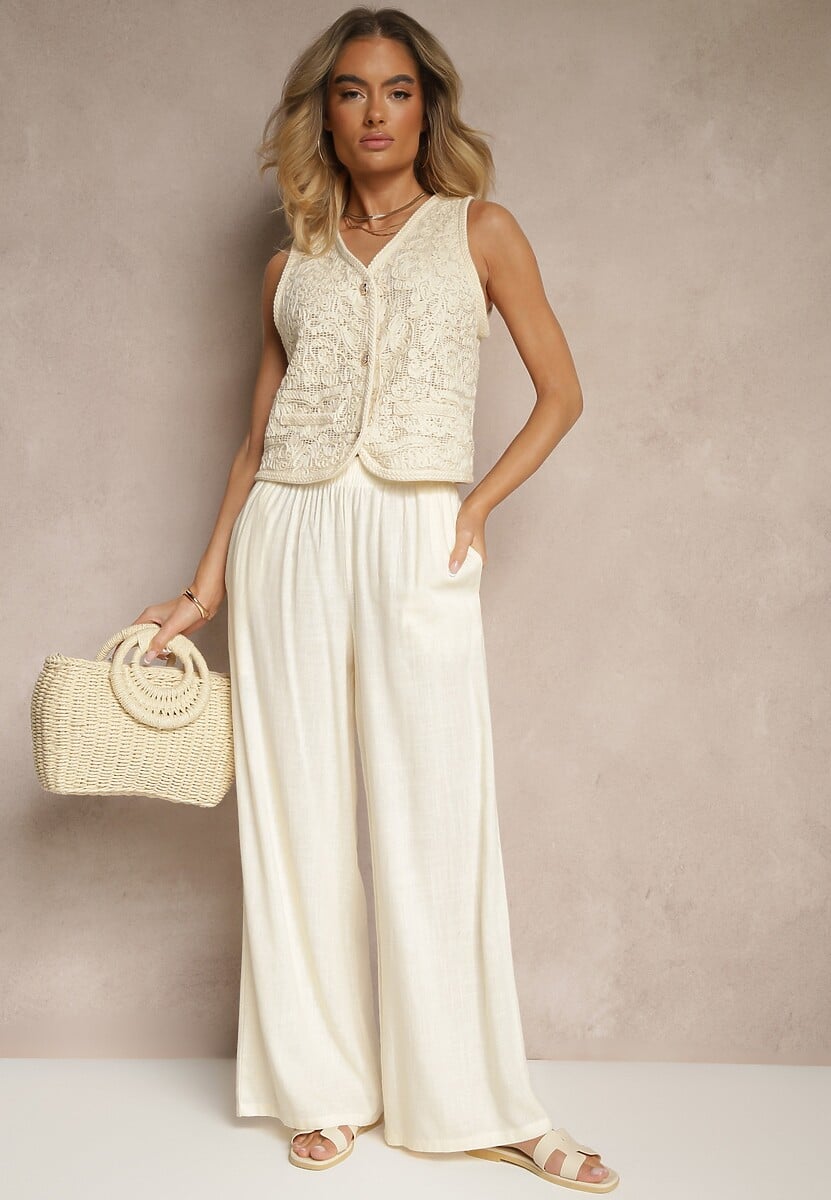 Beżowa Rozpinana Kamizelka z Bawełny Ozdobiona Haftem Tulriz