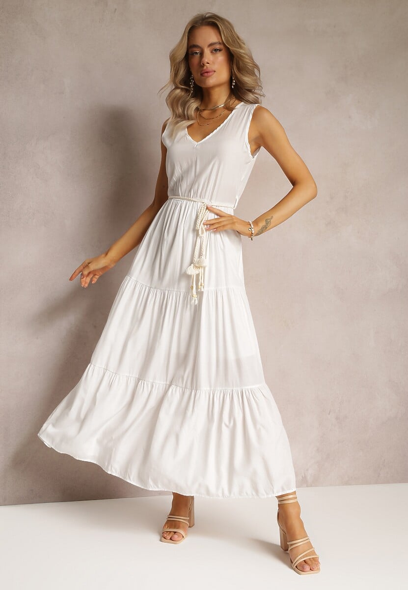 Różowa Sukienka Maxi o Rozkloszowanym Fasonie z Ozdobnym Sznurkiem i Trójkątnym Dekoltem Zornitsa