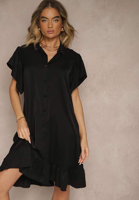 Czarna Koszulowa Sukienka Ozdobiona Falbankami i Guzikami Tenelora