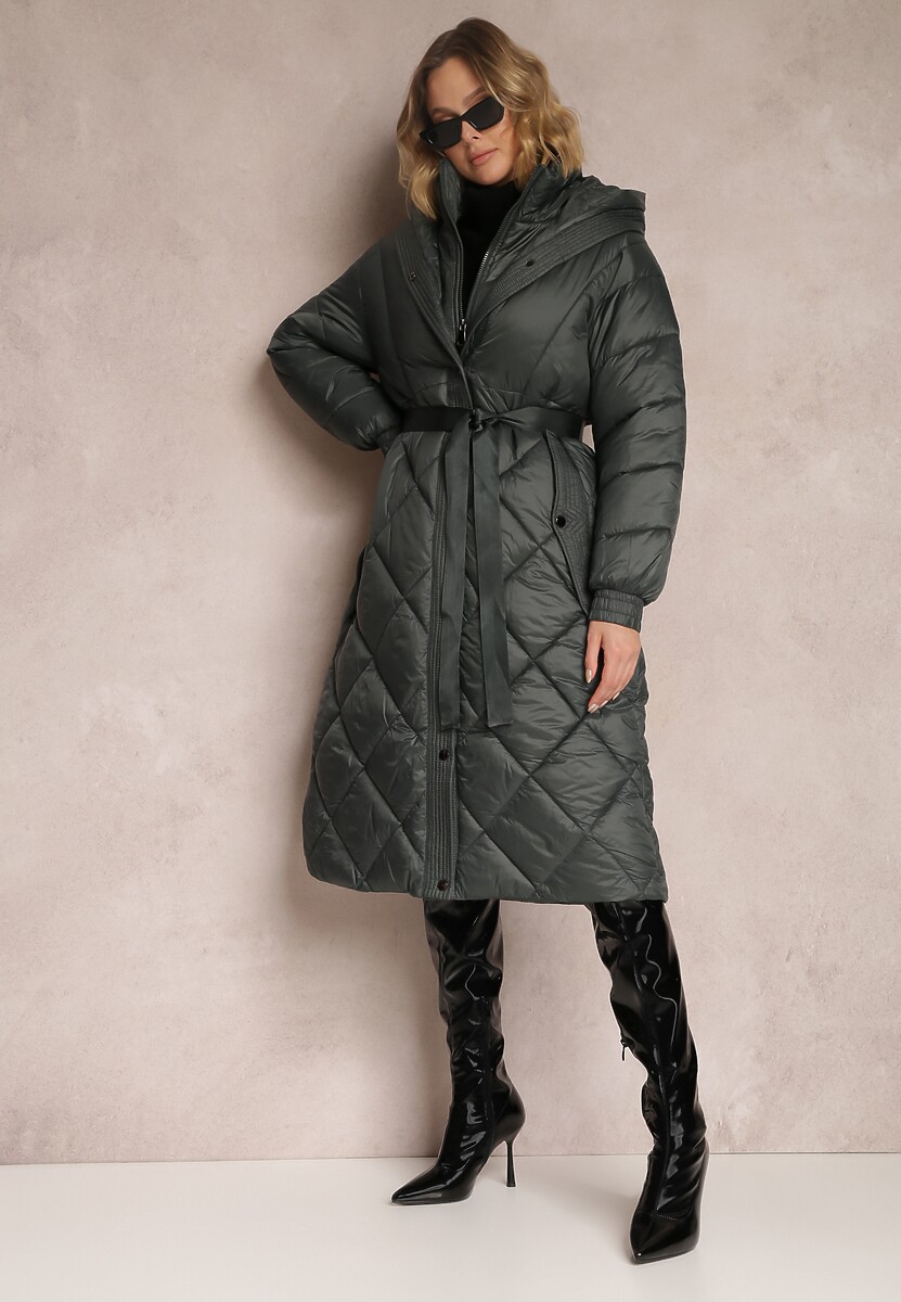 Ciemnozielona Kurtka za Kolano Pikowana z Wiązanym Paskiem Cealia