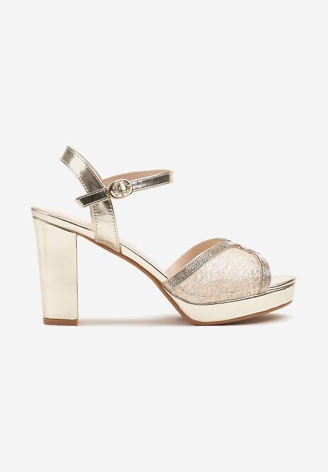 Złote Sandały na Słupkowym Obcasie z Cyrkoniowymi Zdobieniami Wilvia