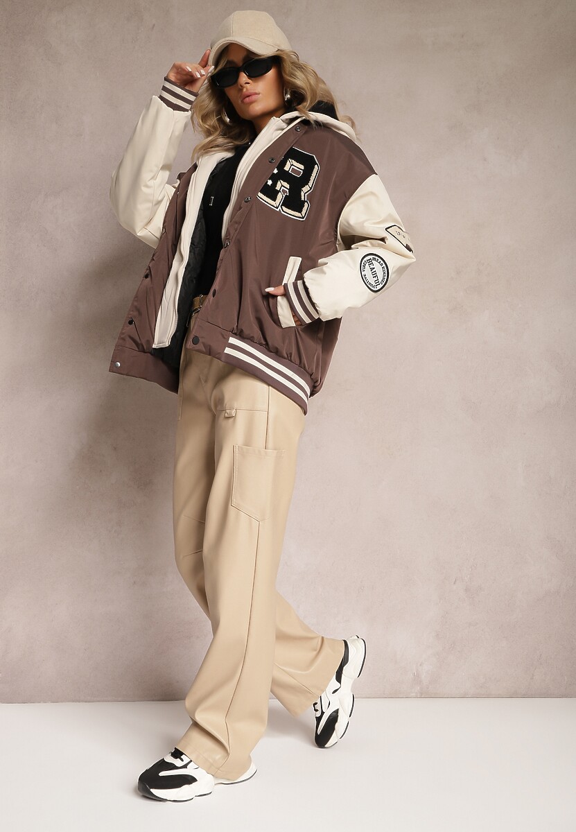 Jasnobeżowe Spodnie z Imitacji Skóry Szerokie Narash