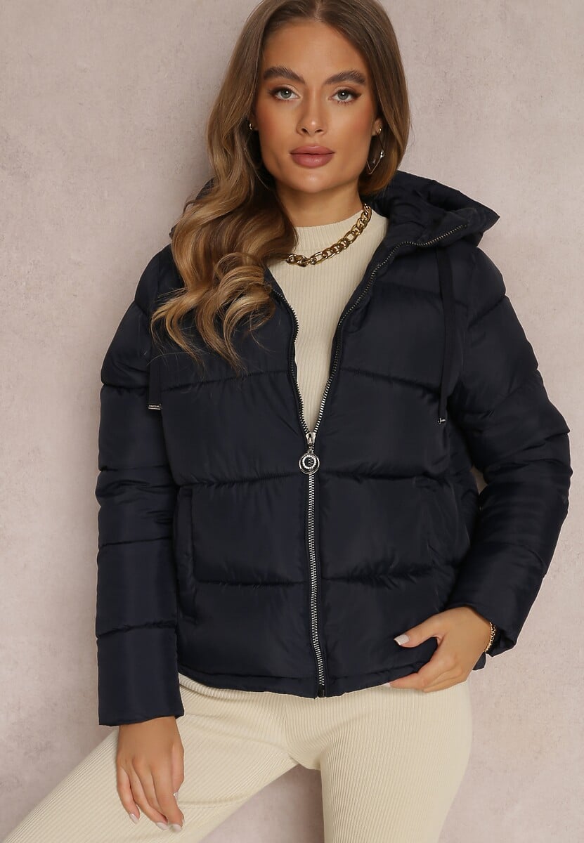 Granatowa Kurtka Puffer Pikowana z Kapturem Mullen