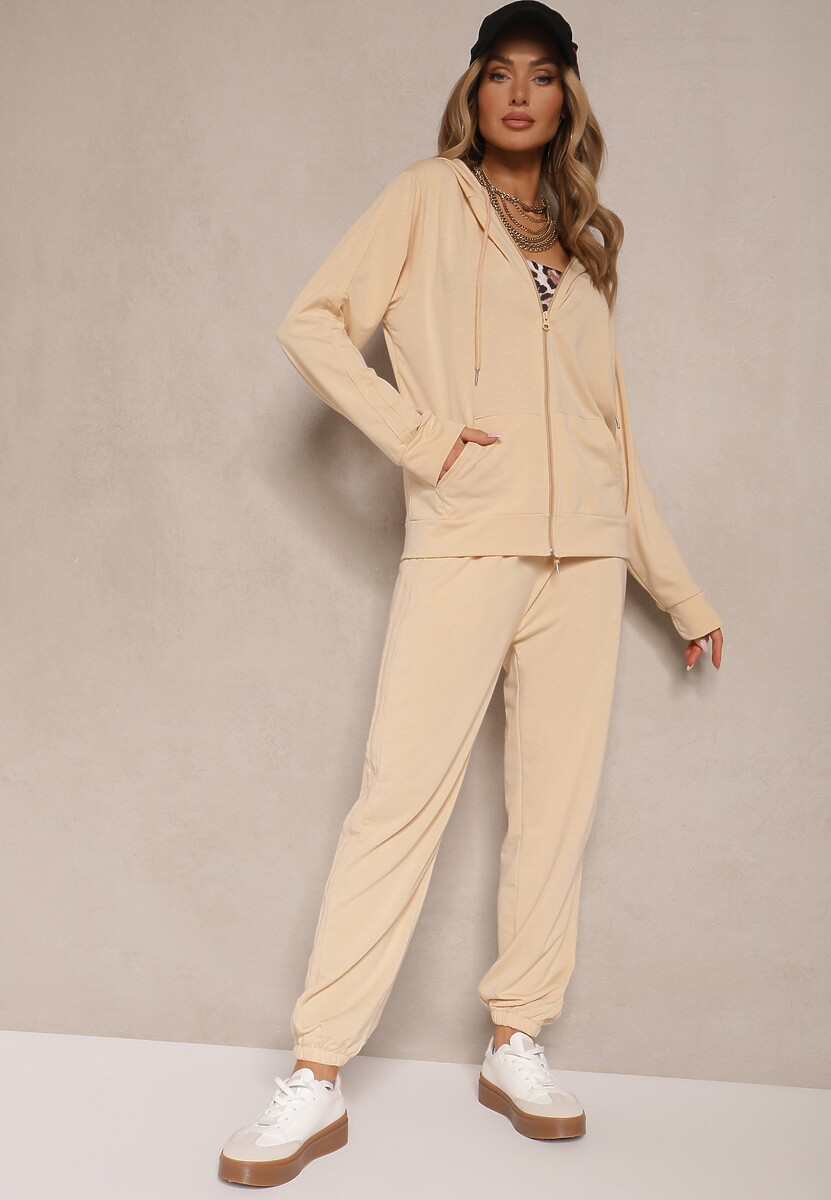 Jasnobeżowy Komplet Dresowy z Bluzą z Kapturem i Spodniami z Gumką w Pasie Typu Jogger Tellgana