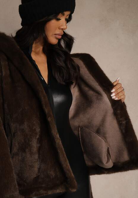 Brązowa Futerkowa Kurtka z Kapturem i Wiązanym Paskiem Zetele