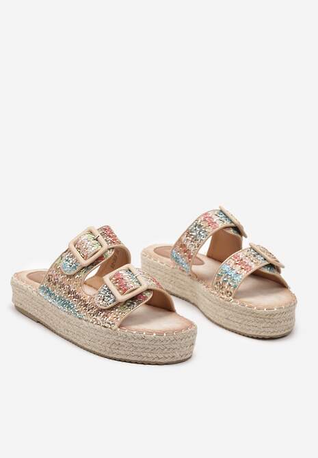 Beżowo-Różowe Płaskie Klapki Ozdobione Plecionką z Regulowanymi Paskami i Sprzączkami Yannia
