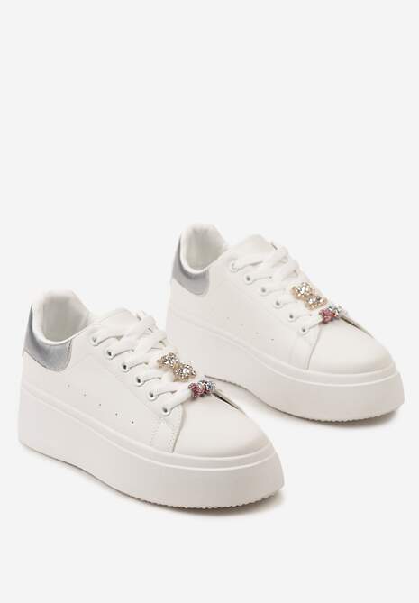 Biało-Srebrne Sneakersy z Cyrkoniami na Sznurówkach z Platformą Nomiji