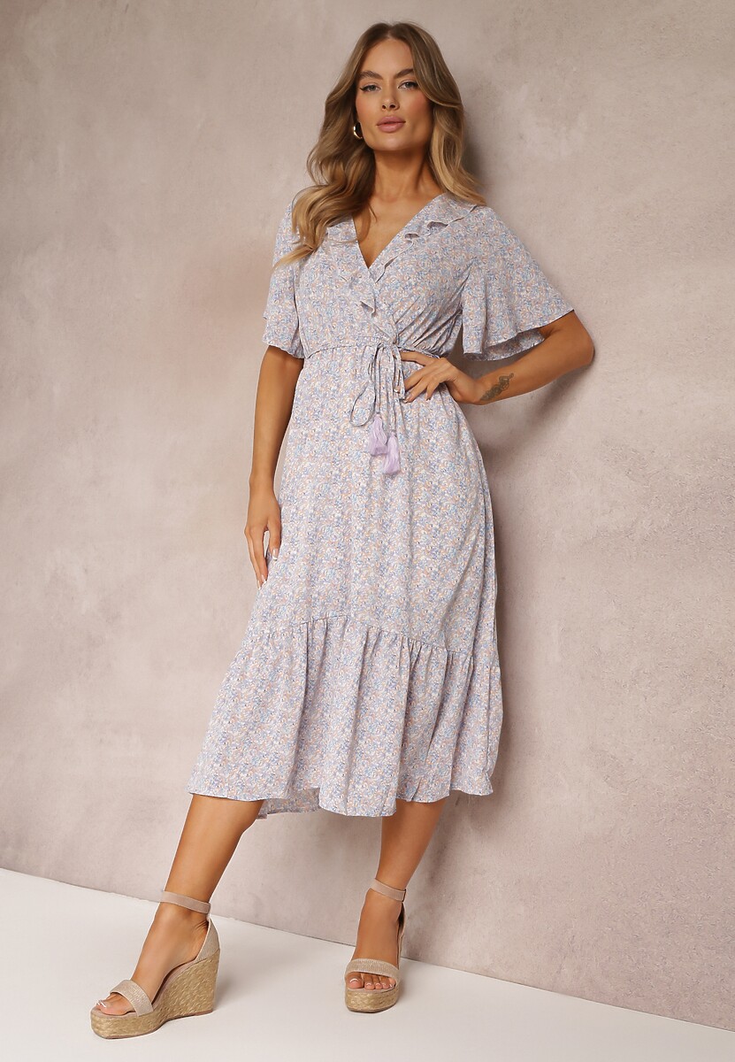 Jasnoniebieska Sukienka Midi z Falbankami Kopertowym Dekoltem i Gumką w Pasie Denila