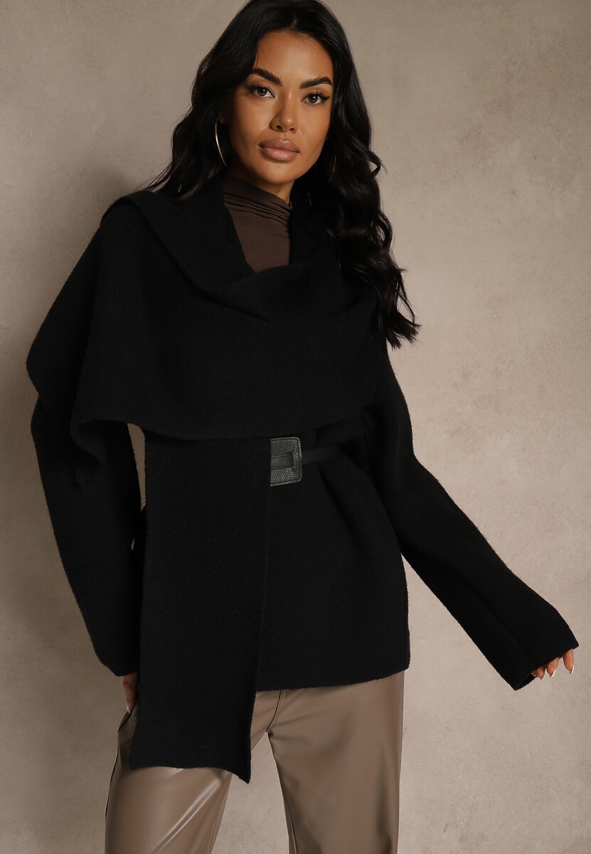 Brązowy Elegancki Kardigan z Wiskozy z Paskiem i Narzutką Roweda