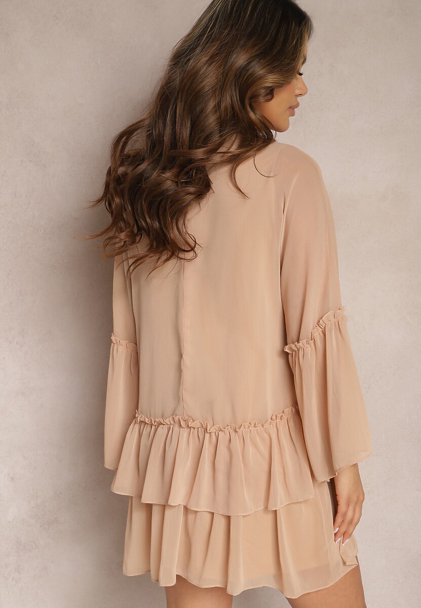 Beżowa Sukienka Rozkloszowana Mini z Falbanką i Cyrkoniami przy Szyi Felicerna