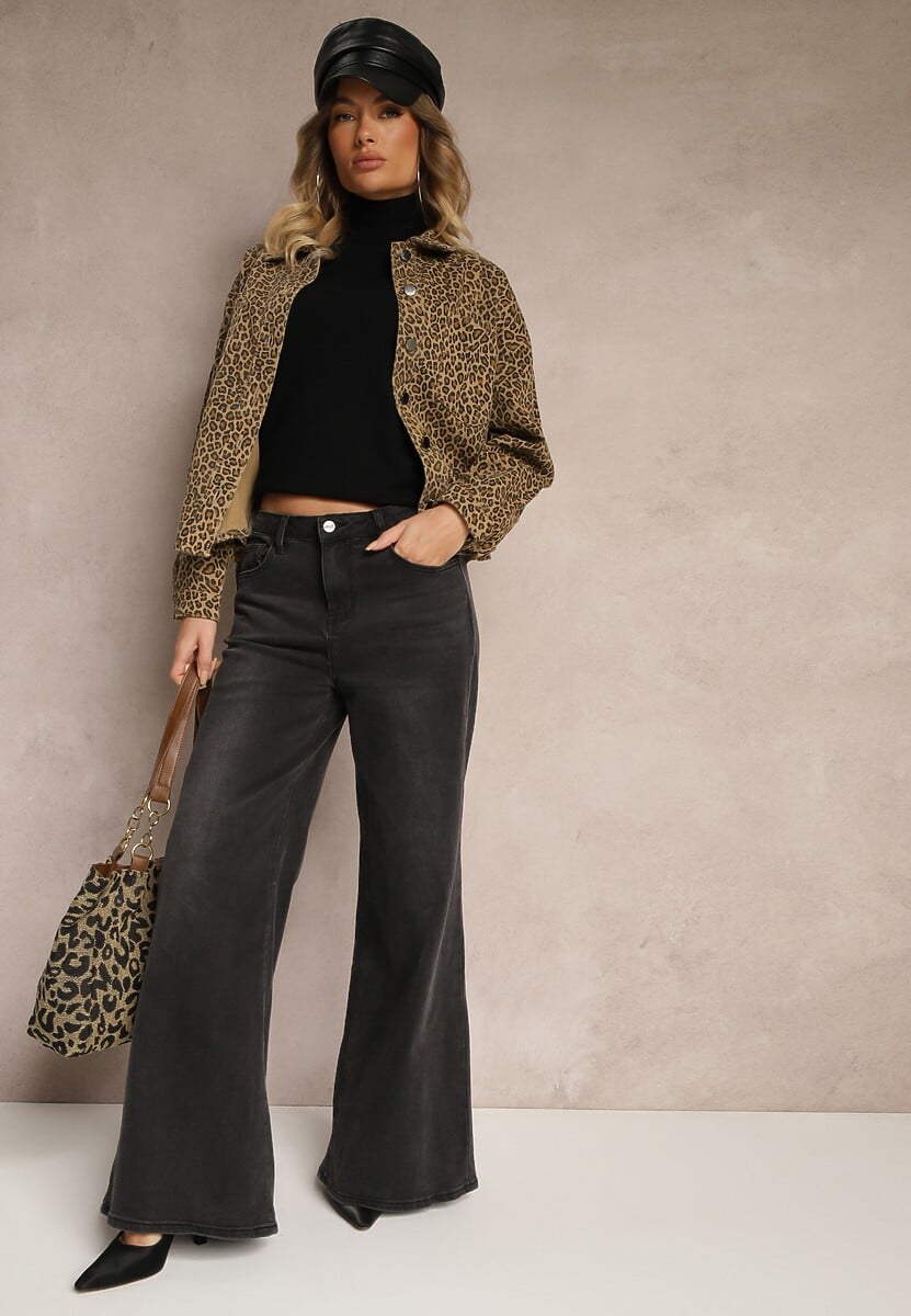 Brązowa Jeansowa Kurtka Koszulowa w Panterkowy Print Cesida