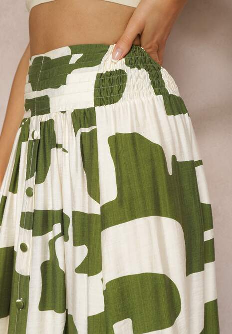 Zielono-Beżowa Rozkloszowana Spódnica High Waist z Gumką w Talii i Guzikami Tinasshi