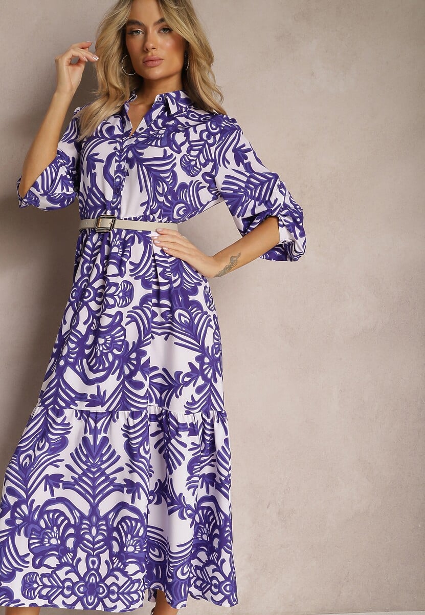 Pomarańczowa Rozkloszowana Sukienka Długa z Falbanką w Ornamentalny Print Naraoda