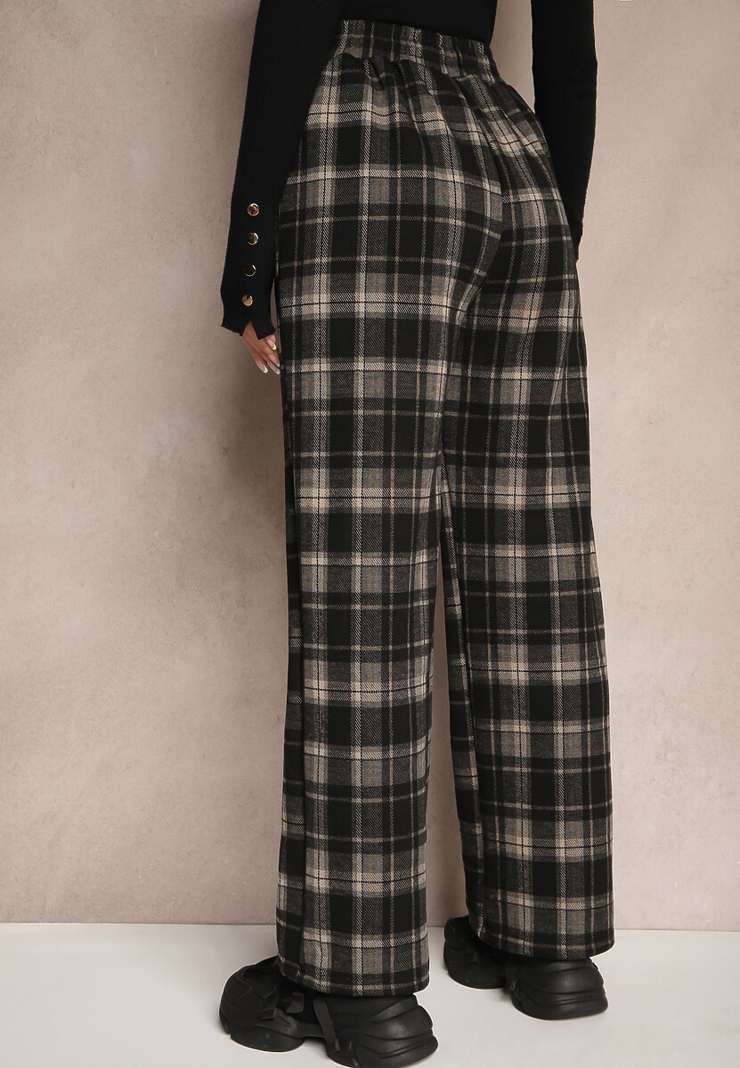 Czarne Szerokie Spodnie w Kratkę Ocieplane z Gumką w Talii i Kieszeniami Sanavira