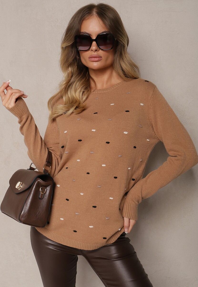 Ciemnobeżowy Elegancki Sweter z Delikatnymi Haftowanymi Zdobieniami z Przodu Reriala