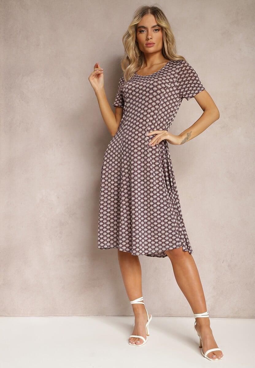 Bordowo-Beżowa Wiskozowa Sukienka o Rozkloszowanym Fasonie Ibelia