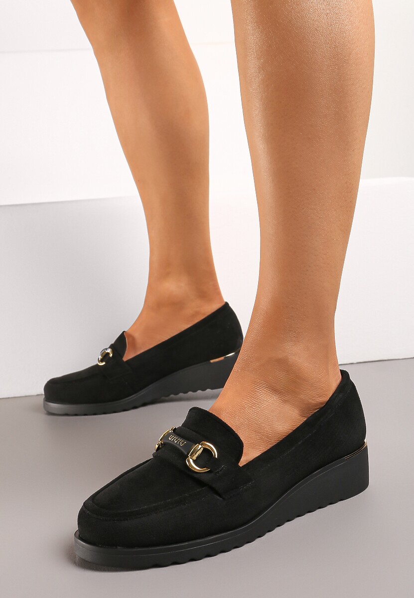 Czarne Półbuty ze Skórzaną Wkładką na Niskim Koturnie z Klamerką Telliasue